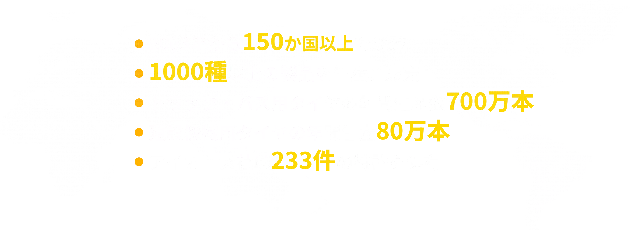 ・2023年から150か国以上で販売 ・1000種類以上の製品を生産、販売 ・トラック・バス用タイヤの年間生産数700万本 ・建設機械用タイヤの年間生産80万本 ・アイオロス社は233件の特許を保有